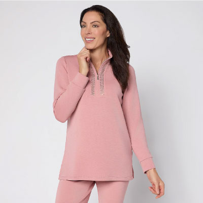 Belle by Kim Gravel Petite ScubaLuxe Sparkle Half-Zip Tunic background image